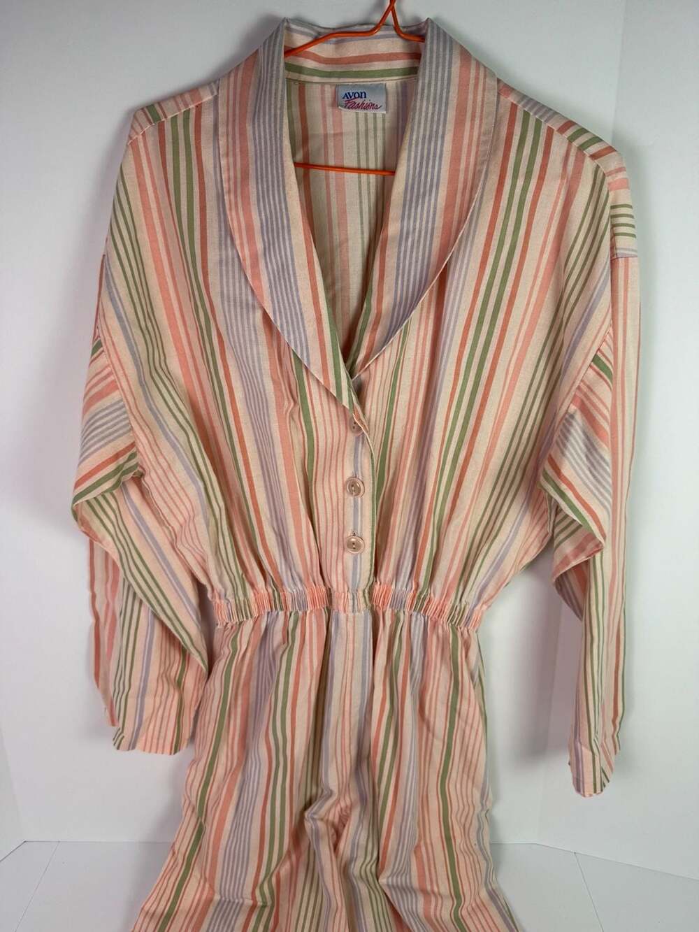 Vintage Avon Fashions Pastel Striped Long Sleeve Jumpsuit Size Medium